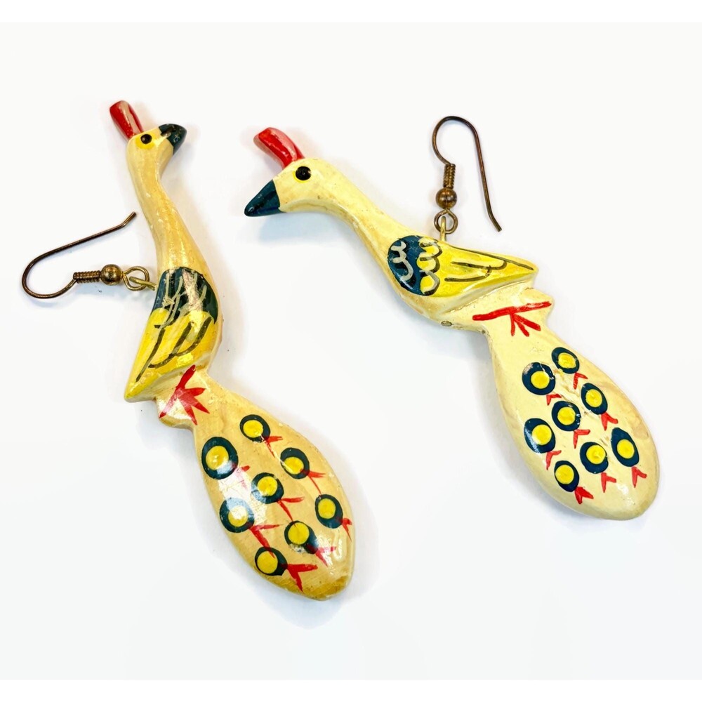 Vintage Bird Earrings, Peacock, Painted Wood, Dangle, Pierced, Retro, 1970s, 70s